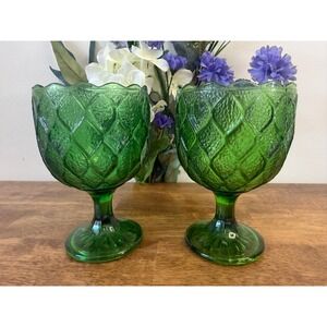 Vintage Green Pressed Glass Goblets Diamond Leaf Pattern Pedestal Pair MCM Decor